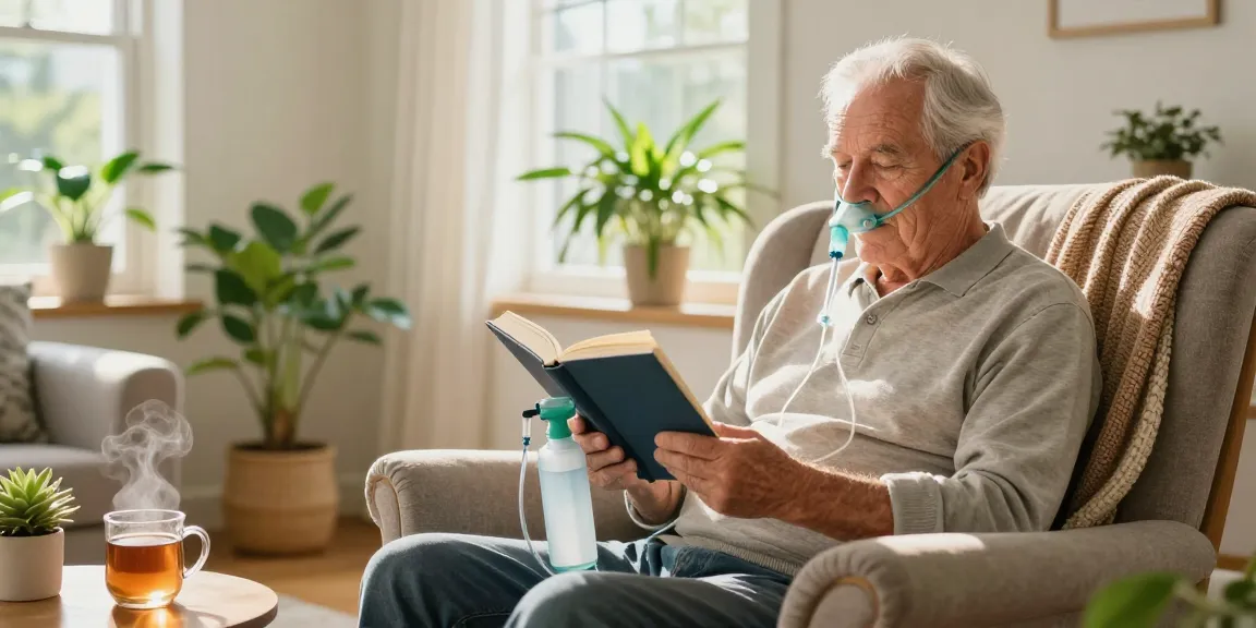 A cozy elderly man using a portable oxygen tank while reading in his living room, surrounded by plants and sunlight.