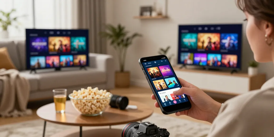User enjoying moviesbox.net.co on a smartphone, cozy living room setting with streaming content.