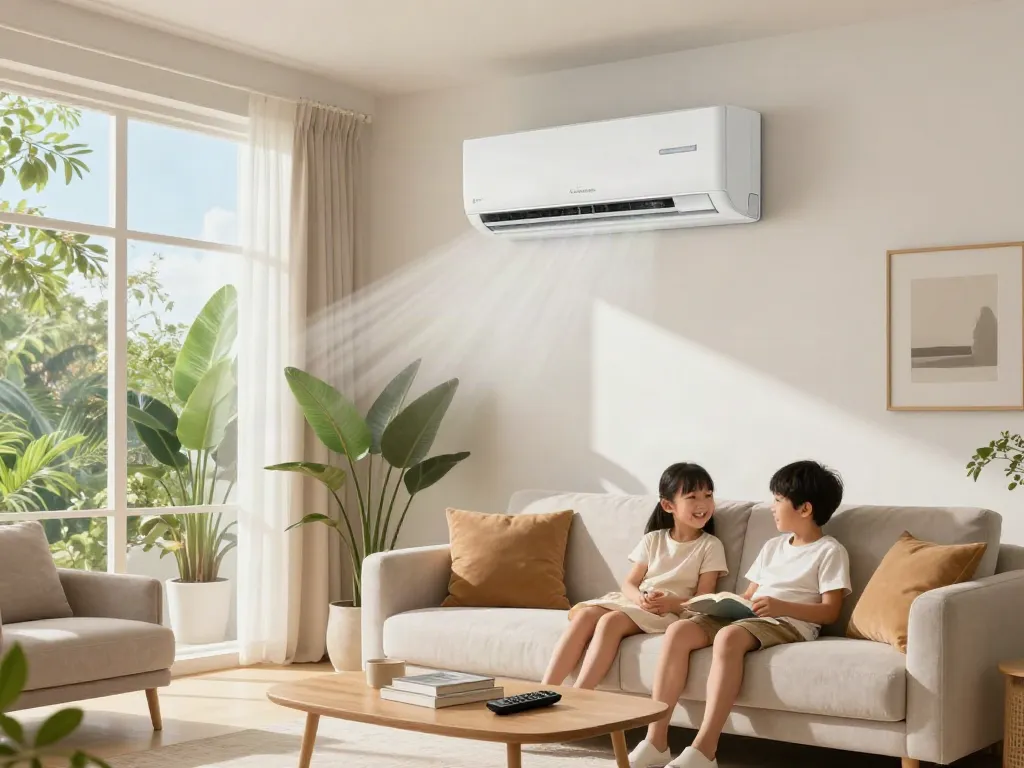 Ductless AC unit in a stylish living room, family enjoying comfort.