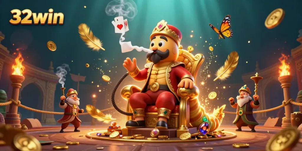 Engage with 32win's exciting visuals, featuring a vibrant 3D illustration with casino elements and a caterpillar hookah-master.