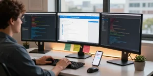 Using the Telegram Web Version on a high-resolution monitor in a modern workspace.