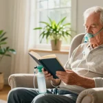 A cozy elderly man using a portable oxygen tank while reading in his living room, surrounded by plants and sunlight.